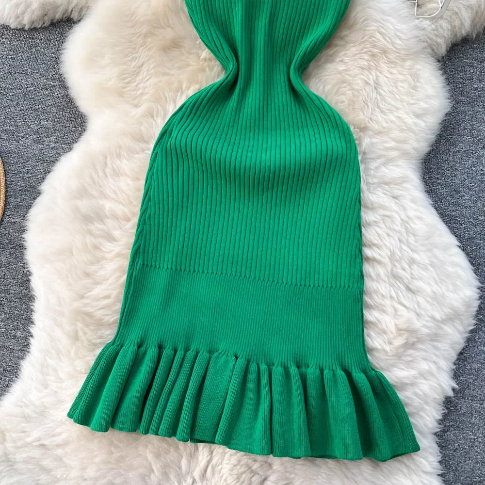 Summer Knitted Bodycon Sexy Dress 2026 O Neck Sleeveless Ruffled Party Sundress High Street Elastic Slim Short Dress - Image 4