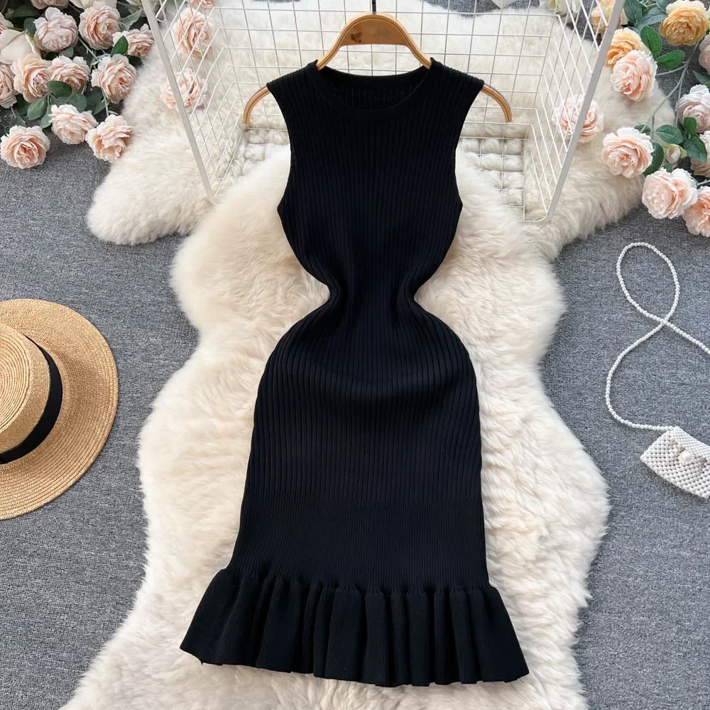 Summer Knitted Bodycon Sexy Dress 2026 O Neck Sleeveless Ruffled Party Sundress High Street Elastic Slim Short Dress - Image 5