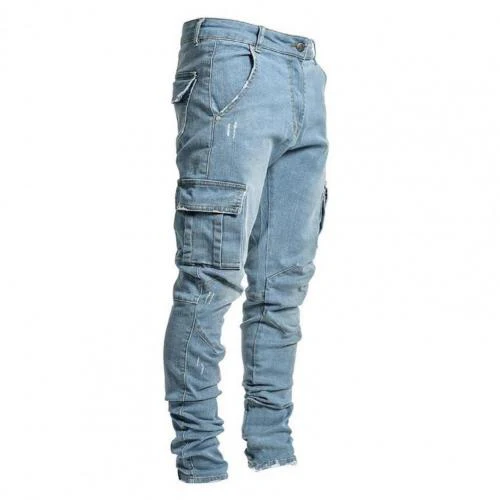 Summer Men Jeans Solid Color Multi Pockets Denim Mid Waist Stretchy Skinny Jeans Plus Size Fahsion Trousers Daily Wear - Image 2