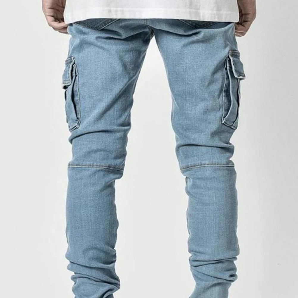 Summer Men Jeans Solid Color Multi Pockets Denim Mid Waist Stretchy Skinny Jeans Plus Size Fahsion Trousers Daily Wear - Image 4