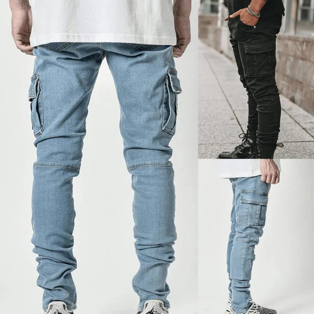 Summer Men Jeans Solid Color Multi Pockets Denim Mid Waist Stretchy Skinny Jeans Plus Size Fahsion Trousers Daily Wear - Image 6