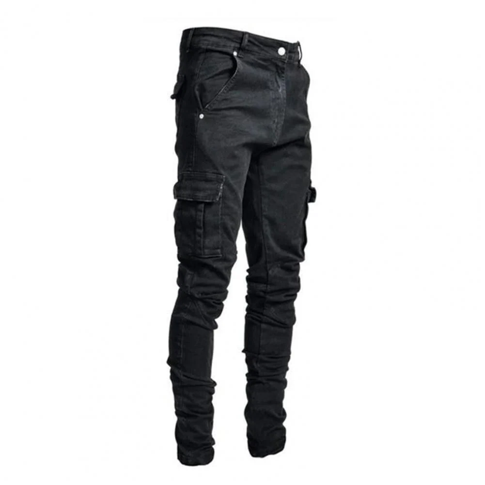 Summer Men Jeans Solid Color Multi Pockets Denim Mid Waist Stretchy Skinny Jeans Plus Size Fahsion Trousers Daily Wear - Image 7