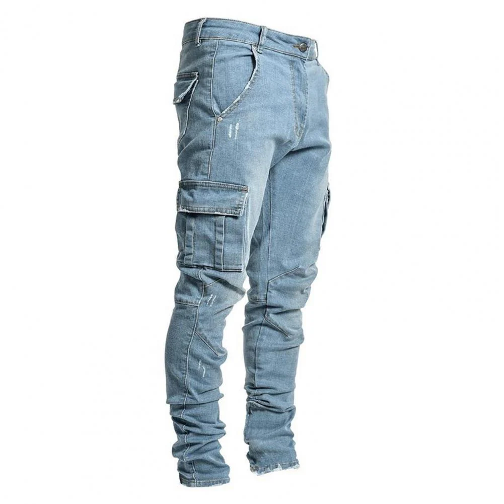 Summer Men Jeans Solid Color Multi Pockets Denim Mid Waist Stretchy Skinny Jeans Plus Size Fahsion Trousers Daily Wear - Image 8