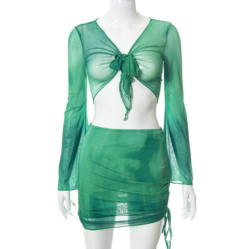 Sexy Summer Mesh Long Sleeve Crop Top Mini Skirts Two Piece Holiday Matching Set - Image 3