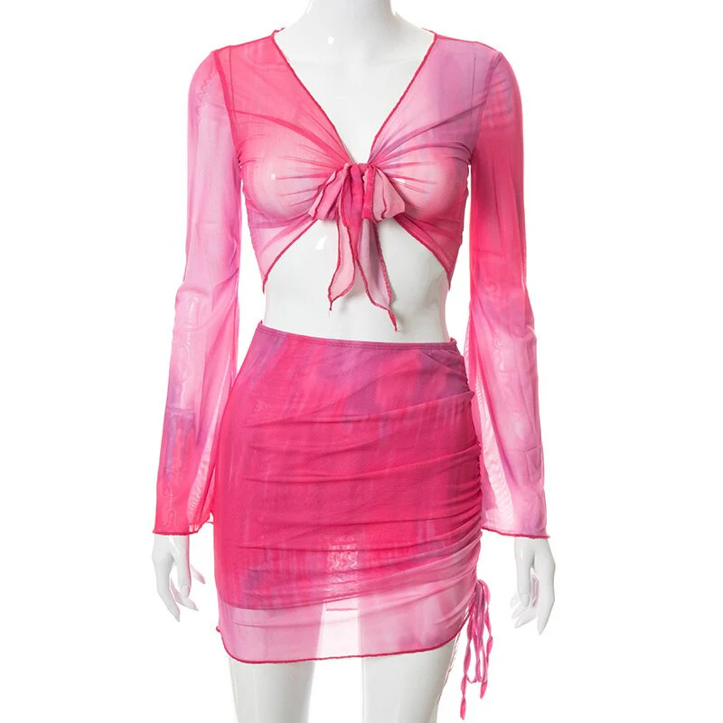 Sexy Summer Mesh Long Sleeve Crop Top Mini Skirts Two Piece Holiday Matching Set - Image 6