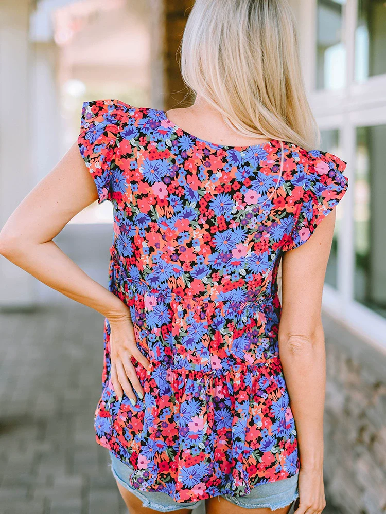 Summer New Arrival Ruffle Sleeve Pullover Tops Women 2024 Summer Color Printing Loose Slim Looking Thin T-shirt Women - Image 5
