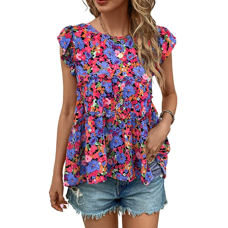 Summer New Arrival Ruffle Sleeve Pullover Tops Women 2024 Summer Color Printing Loose Slim Looking Thin T-shirt Women - Image 6
