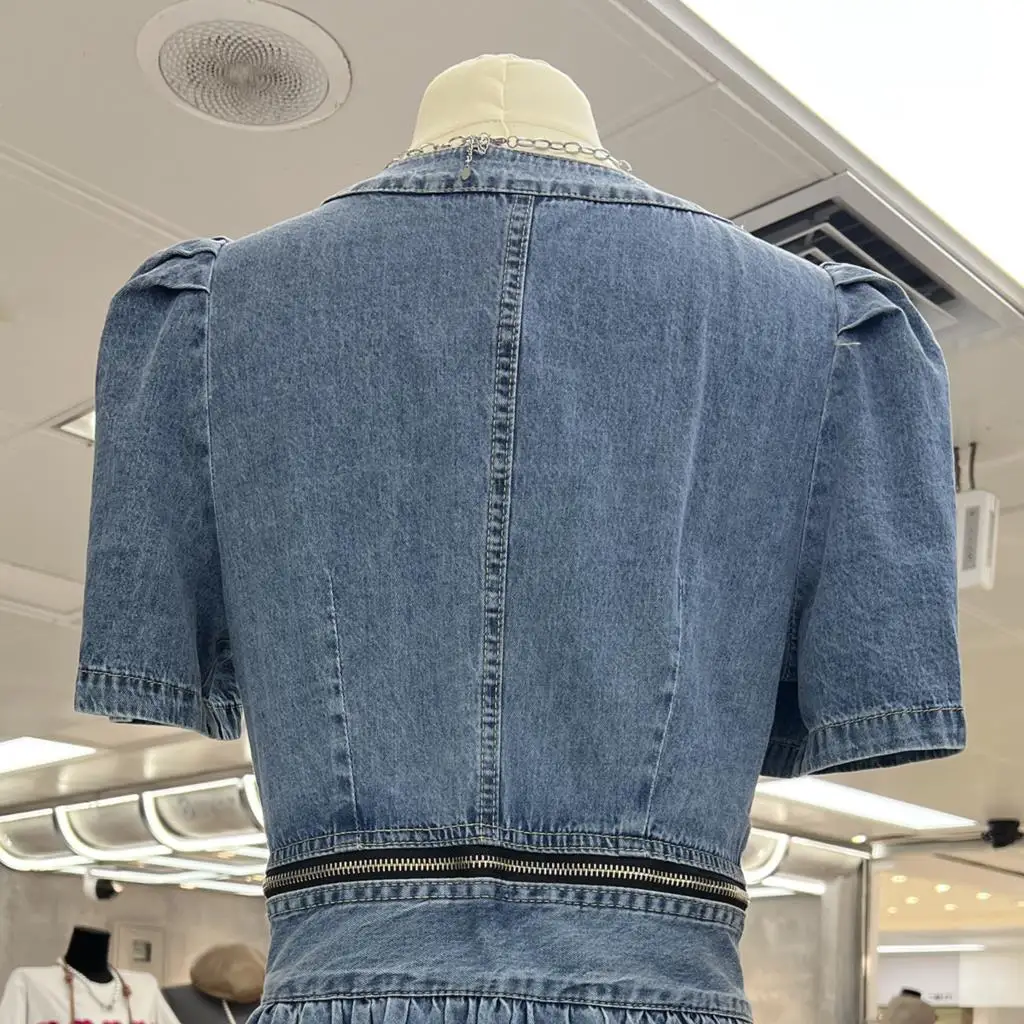 Summer new bubble sleeve v neck denim dress women slim waist denim A line dress bow zip - Image 3