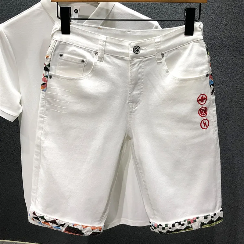 Summer New Denim Shorts Men's Stitching Embroidery Ripped Knee-length Shorts White Black Retro Blue Fashion High Quality Jeans - Image 2