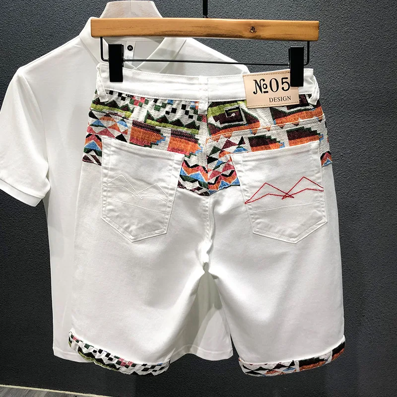 Summer New Denim Shorts Men's Stitching Embroidery Ripped Knee-length Shorts White Black Retro Blue Fashion High Quality Jeans - Image 7