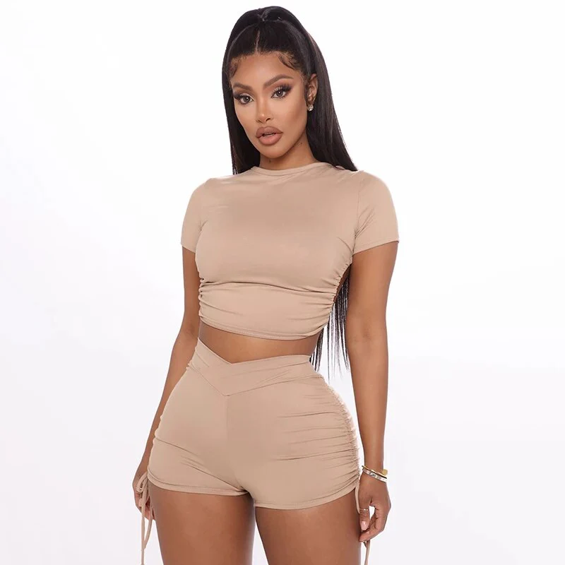 Summer New Sexy Women Dress Khaki Tight Sleeve T Shirt Shorts Two Set - Image 2