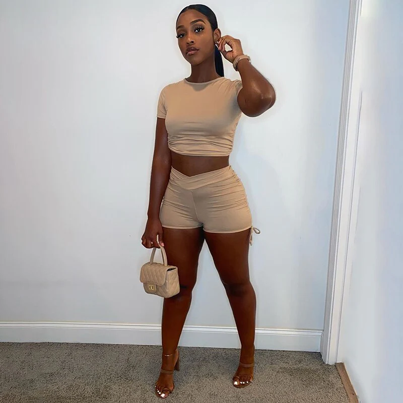 Summer New Sexy Women Dress Khaki Tight Sleeve T Shirt Shorts Two Set - Image 3