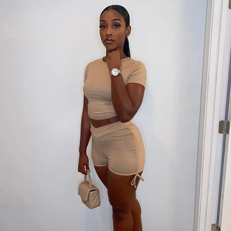 Summer New Sexy Women Dress Khaki Tight Sleeve T Shirt Shorts Two Set - Image 6