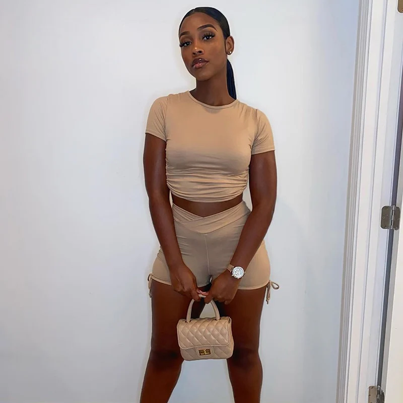 Summer New Sexy Women Dress Khaki Tight Sleeve T Shirt Shorts Two Set - Image 7