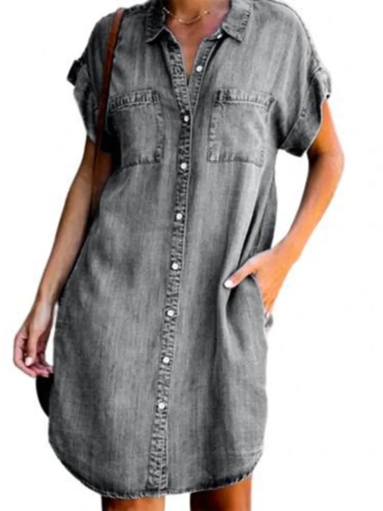 Summer New Single Breasted Denim Shirt Dress Women's Casual Loose Pocket Simple Retro Commuter Female Office Denim Short Skirt - Image 3