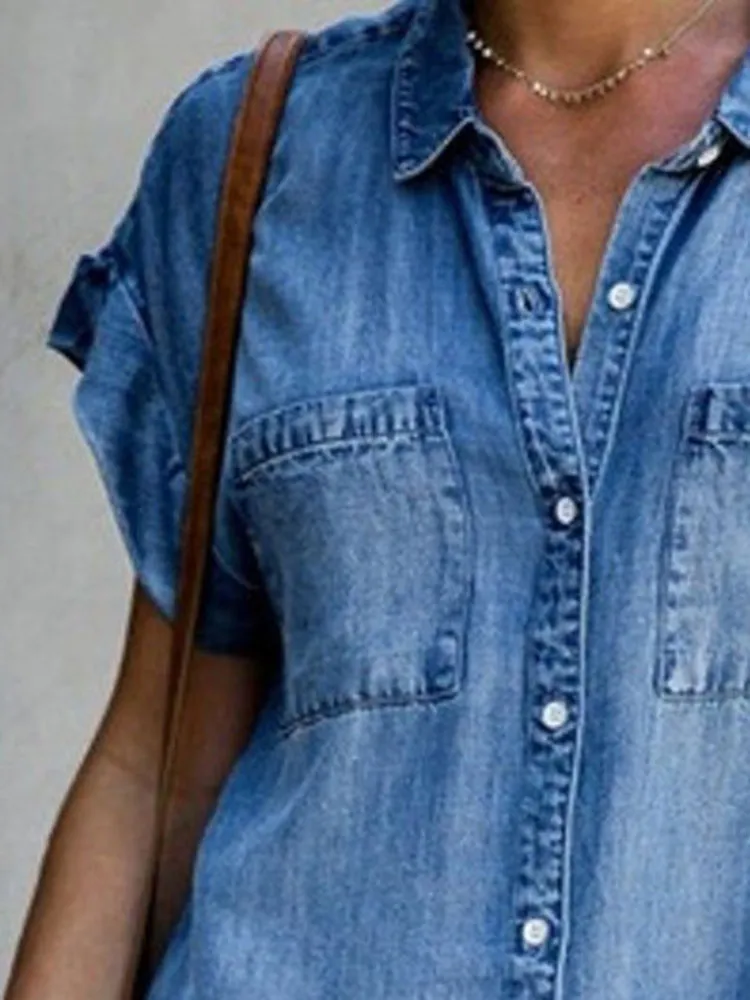 Summer New Single Breasted Denim Shirt Dress Women's Casual Loose Pocket Simple Retro Commuter Female Office Denim Short Skirt - Image 4