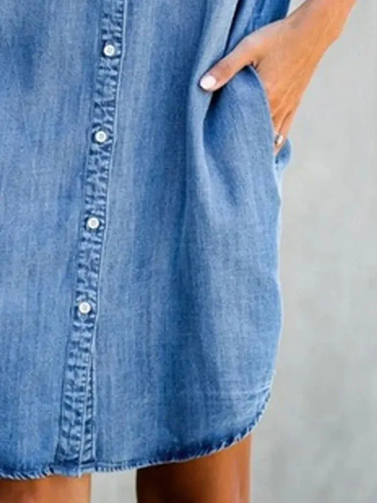 Summer New Single Breasted Denim Shirt Dress Women's Casual Loose Pocket Simple Retro Commuter Female Office Denim Short Skirt - Image 5