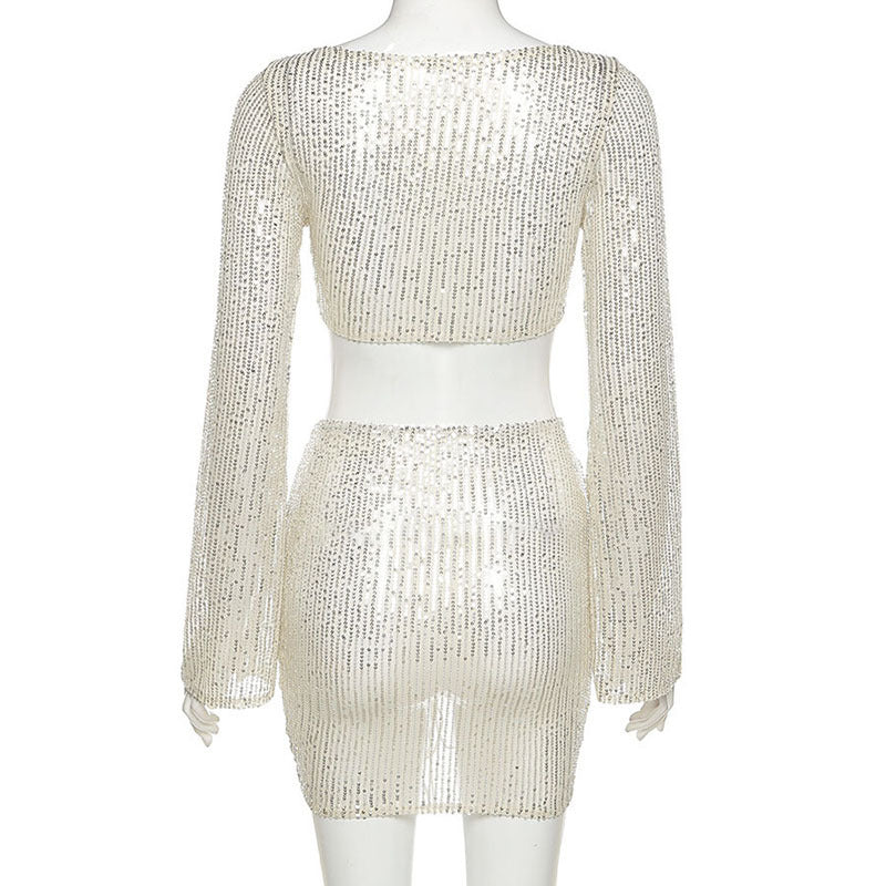 Summer New Style Women's Sequins Bandage Cardigan High Waist Bag Hip Skirt Casual Suit Women - Image 3
