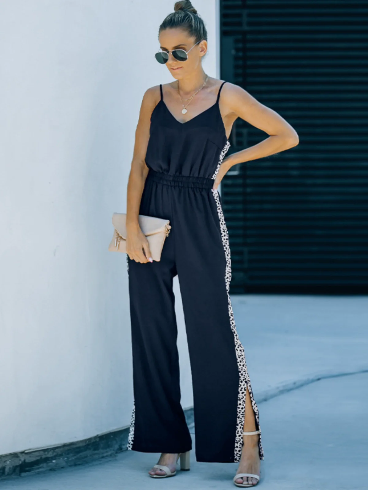 Summer New Suspender Jumpsuit Women 2024 European and American All-Matching Fashion V Neck Sleeveless Slit Loose Pants Pants Women - Image 3