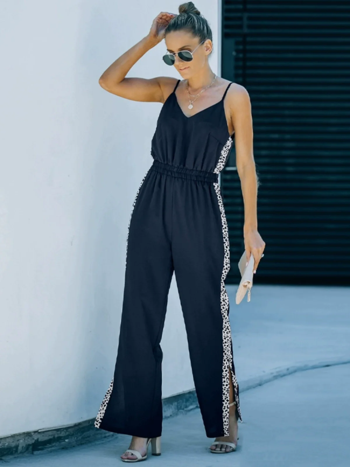 Summer New Suspender Jumpsuit Women 2024 European and American All-Matching Fashion V Neck Sleeveless Slit Loose Pants Pants Women - Image 4