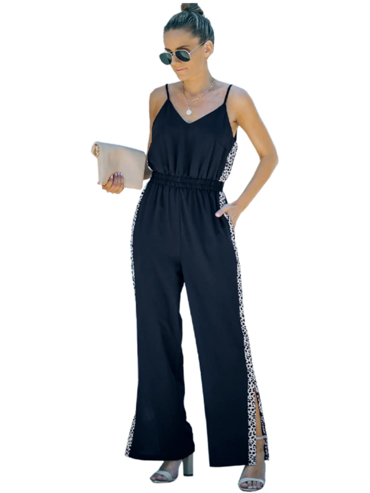 Summer New Suspender Jumpsuit Women 2024 European and American All-Matching Fashion V Neck Sleeveless Slit Loose Pants Pants Women - Image 6
