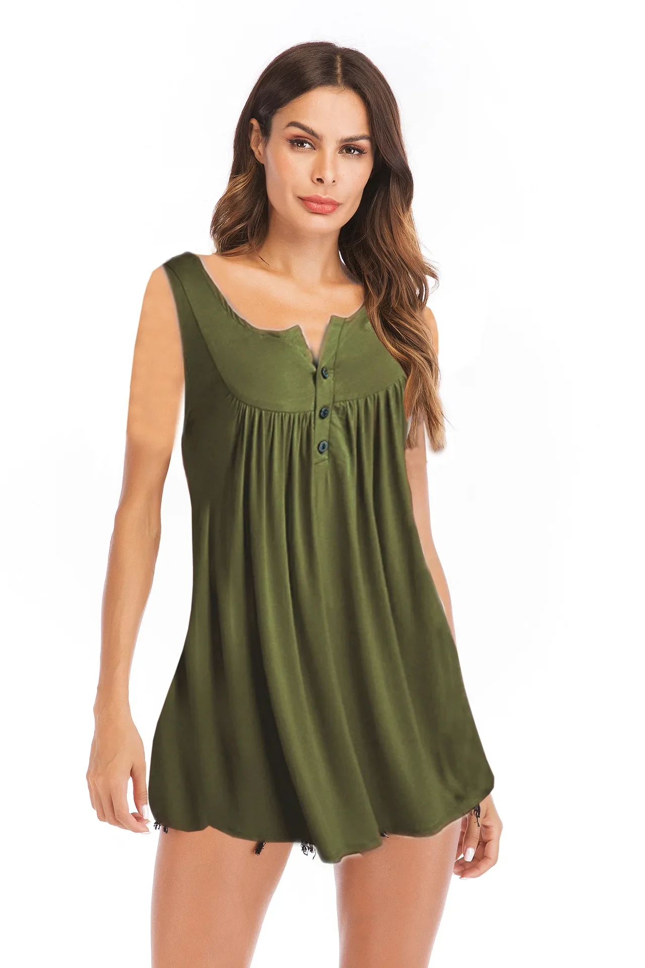 Summer New V-neck Buttoned Pleated Vest T-shirt Solid Color Loose Y2K Tops Comfortable Casual Fashion Women's Tops - Image 10