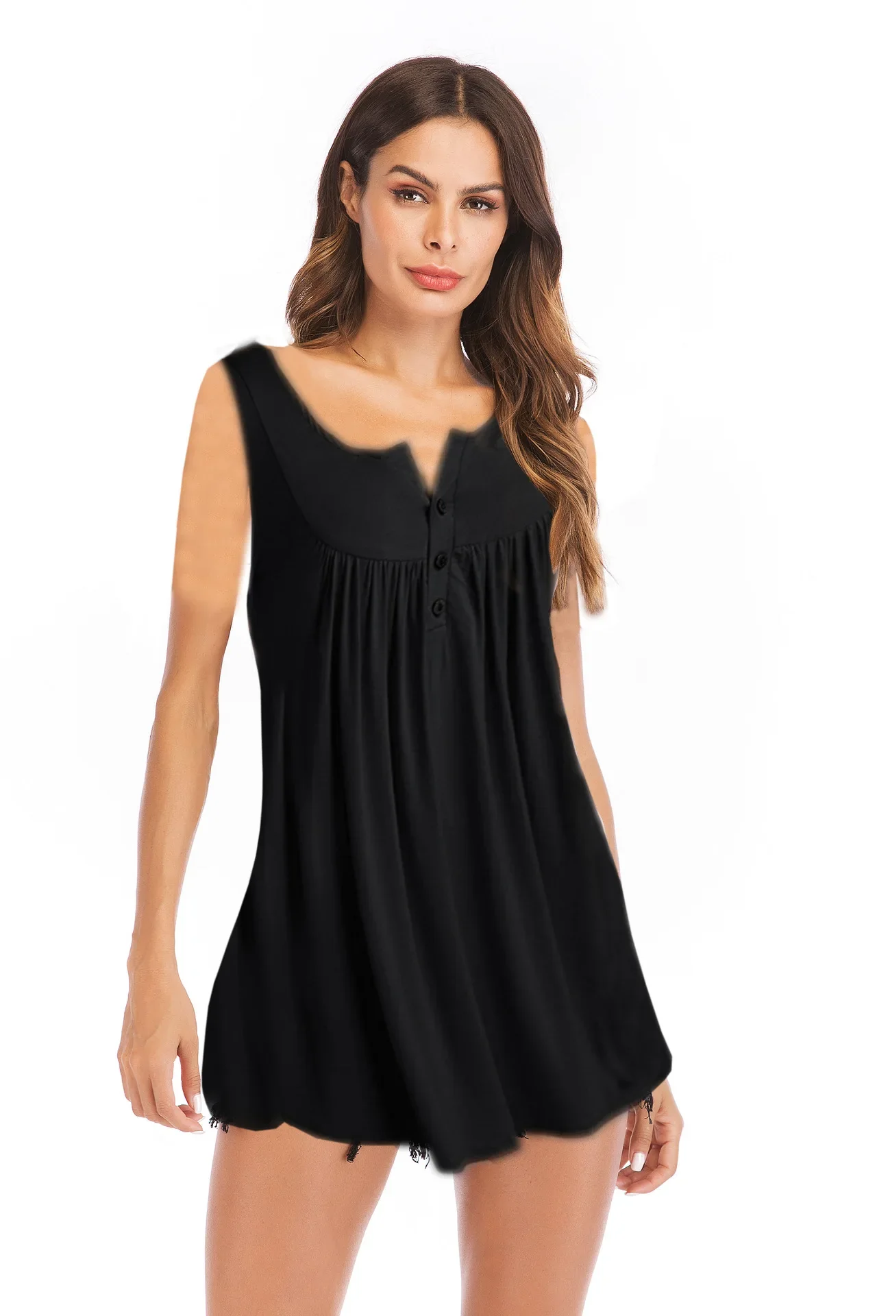 Summer New V-neck Buttoned Pleated Vest T-shirt Solid Color Loose Y2K Tops Comfortable Casual Fashion Women's Tops - Image 7