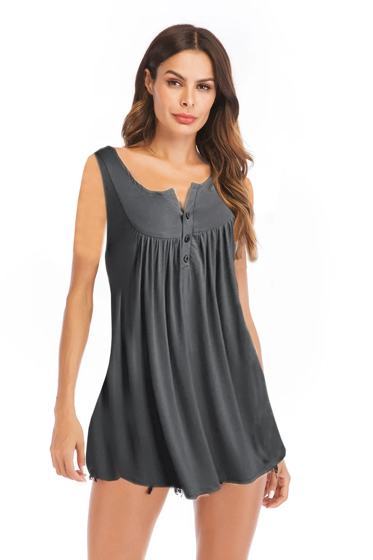 Summer New V-neck Buttoned Pleated Vest T-shirt Solid Color Loose Y2K Tops Comfortable Casual Fashion Women's Tops - Image 9