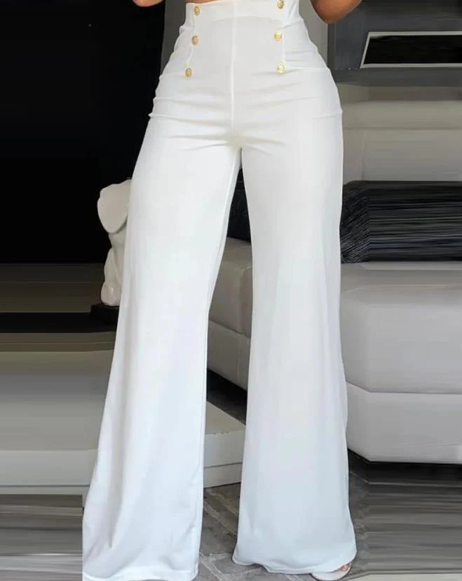 Summer Pants Women Button Decor High Waist Wide Leg Pants Elegant Loose Trousers Korean Fashion Streetwear - Image 2