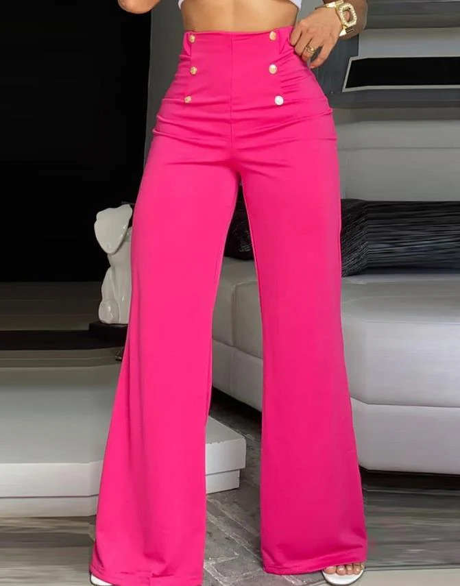 Summer Pants Women Button Decor High Waist Wide Leg Pants Elegant Loose Trousers Korean Fashion Streetwear - Image 3