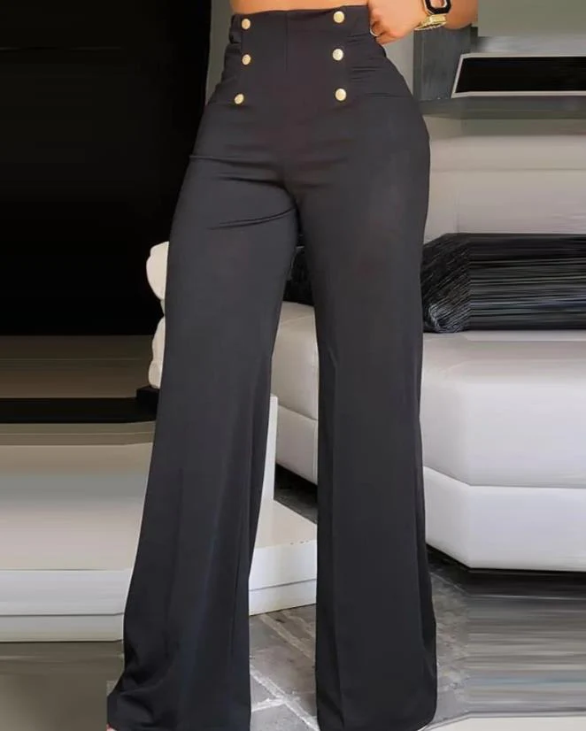 Summer Pants Women Button Decor High Waist Wide Leg Pants Elegant Loose Trousers Korean Fashion Streetwear - Image 4