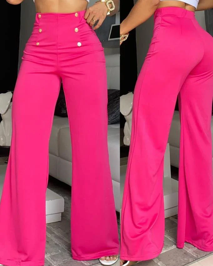 Summer Pants Women Button Decor High Waist Wide Leg Pants Elegant Loose Trousers Korean Fashion Streetwear - Image 6