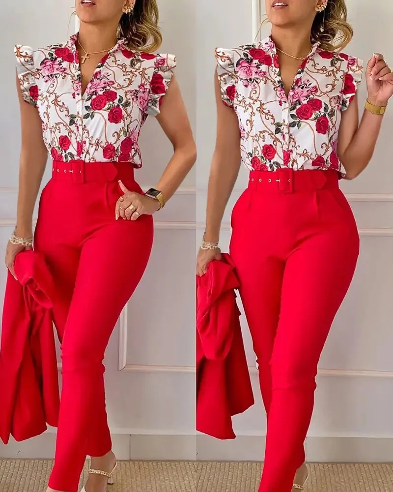Summer Printed 2 Piece Set Women Casual Button Down Shirt Two Piece Outfit Ruffle Sleeve Top Long Pant Suit Women Work Suit - Image 10