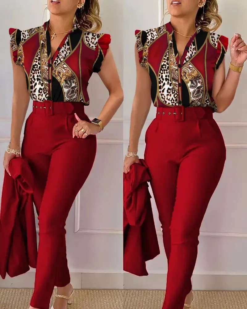 Summer Printed 2 Piece Set Women Casual Button Down Shirt Two Piece Outfit Ruffle Sleeve Top Long Pant Suit Women Work Suit - Image 11