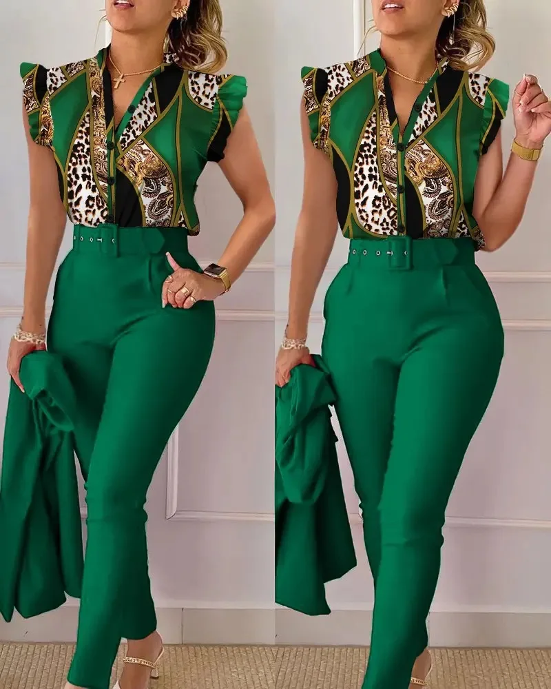 Summer Printed 2 Piece Set Women Casual Button Down Shirt Two Piece Outfit Ruffle Sleeve Top Long Pant Suit Women Work Suit - Image 12