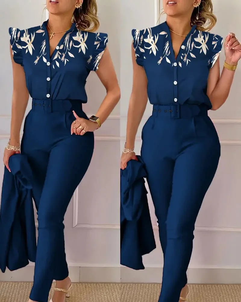 Summer Printed 2 Piece Set Women Casual Button Down Shirt Two Piece Outfit Ruffle Sleeve Top Long Pant Suit Women Work Suit - Image 13