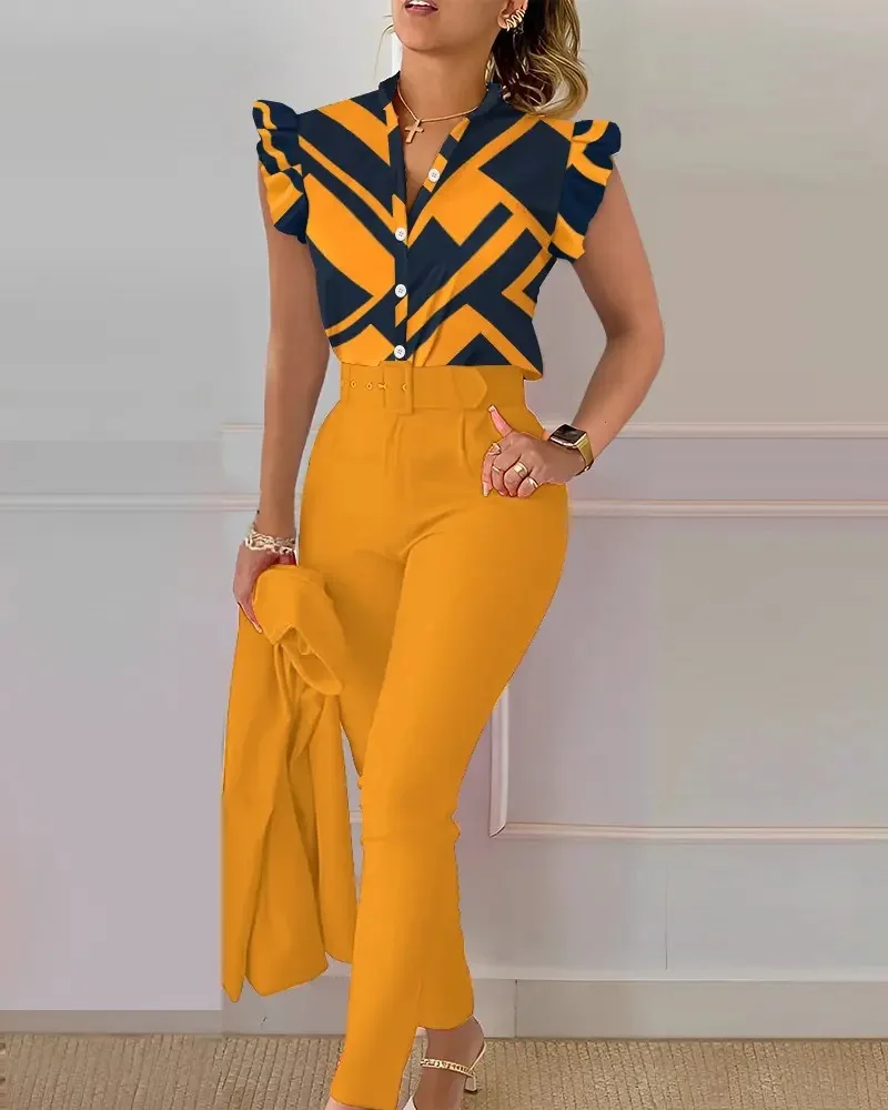 Summer Printed 2 Piece Set Women Casual Button Down Shirt Two Piece Outfit Ruffle Sleeve Top Long Pant Suit Women Work Suit - Image 14