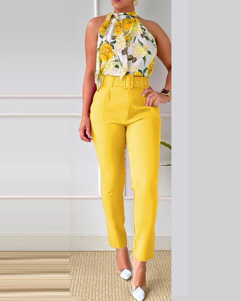 Summer Printed 2 Piece Set Women Casual Button Down Shirt Two Piece Outfit Ruffle Sleeve Top Long Pant Suit Women Work Suit - Image 16
