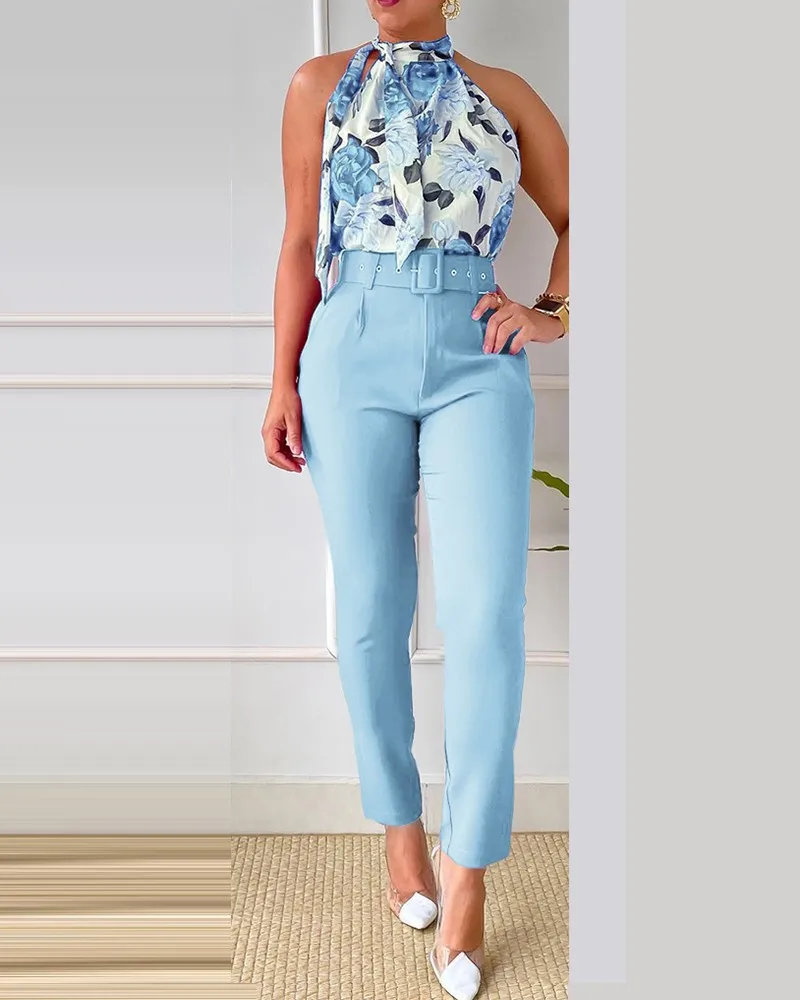 Summer Printed 2 Piece Set Women Casual Button Down Shirt Two Piece Outfit Ruffle Sleeve Top Long Pant Suit Women Work Suit - Image 18