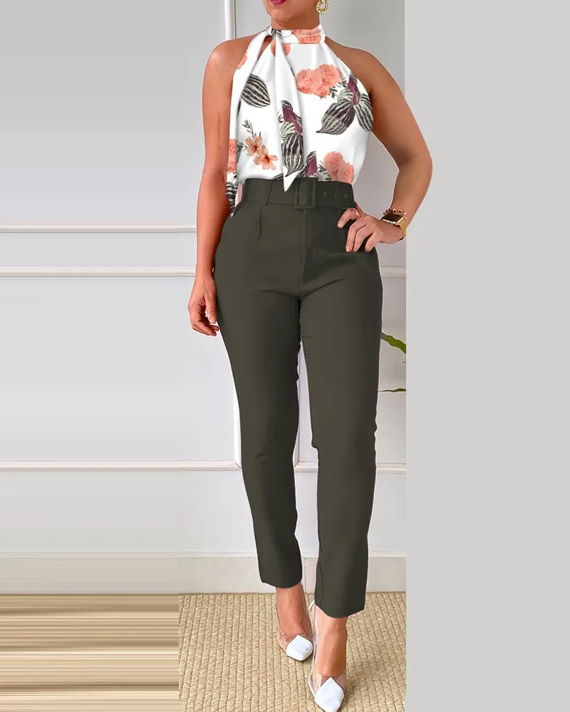 Summer Printed 2 Piece Set Women Casual Button Down Shirt Two Piece Outfit Ruffle Sleeve Top Long Pant Suit Women Work Suit - Image 19