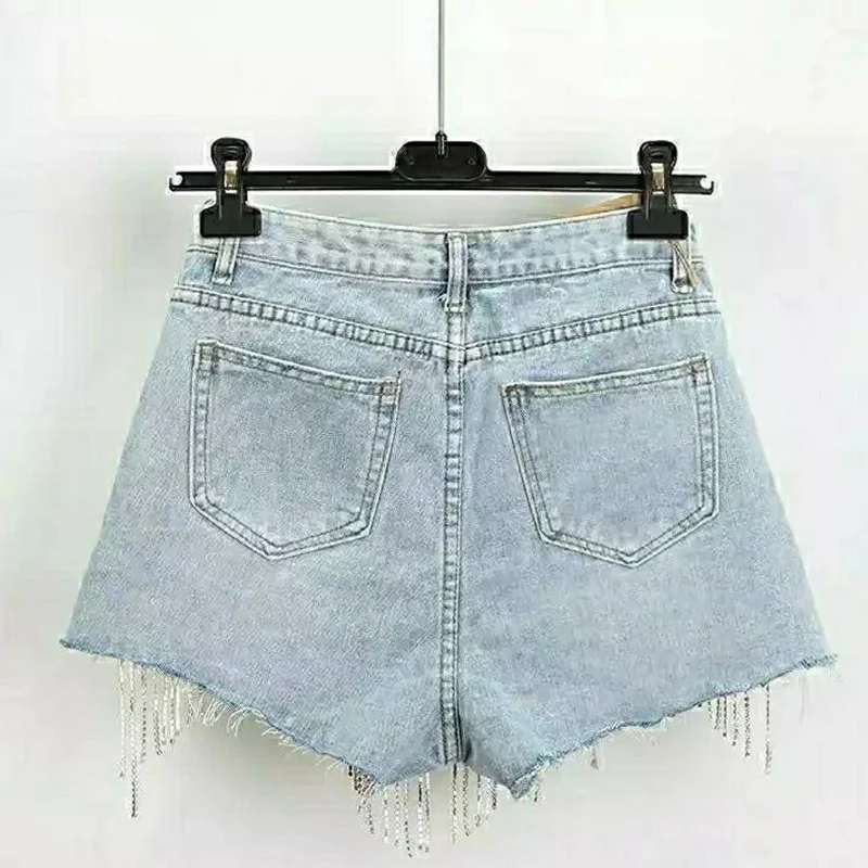 Summer Ripped Jeans Short Femme High Waist Diamond Tassel Y2k Casual Bottoms For Ladies Denim Shorts Women Clothing Fashion - Image 2