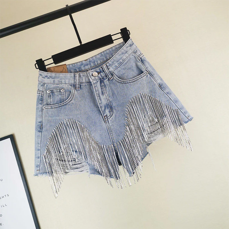Summer Ripped Jeans Short Femme High Waist Diamond Tassel Y2k Casual Bottoms For Ladies Denim Shorts Women Clothing Fashion - Image 6
