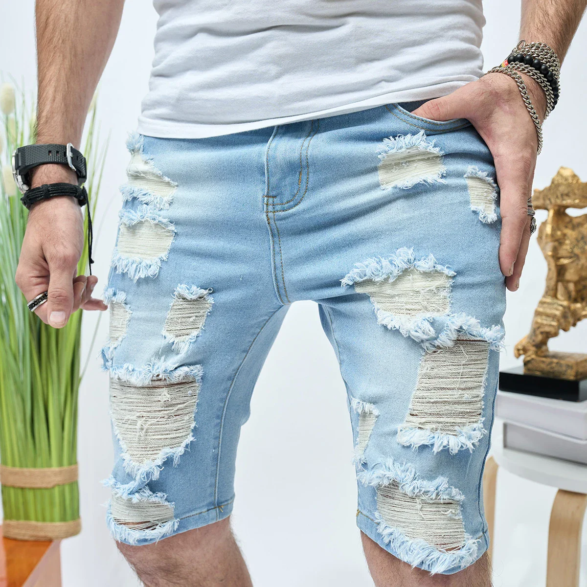 Summer Ripped Shorts Jeans Men's Hip-Hop Denim Pants Stretch Light Blue Fashion Slim Straight Male Denim Shorts - Image 2