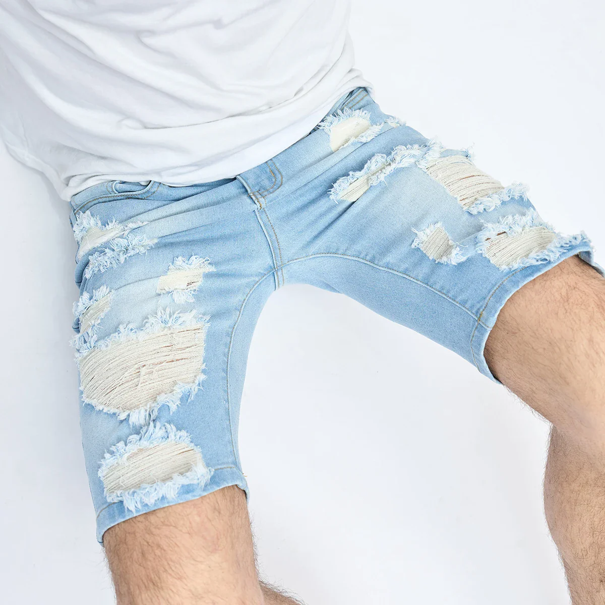 Summer Ripped Shorts Jeans Men's Hip-Hop Denim Pants Stretch Light Blue Fashion Slim Straight Male Denim Shorts - Image 6