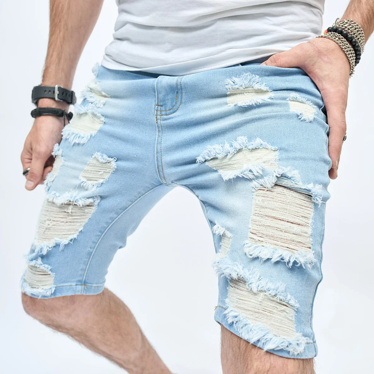 Summer Ripped Shorts Jeans Men's Hip-Hop Denim Pants Stretch Light Blue Fashion Slim Straight Male Denim Shorts - Image 7