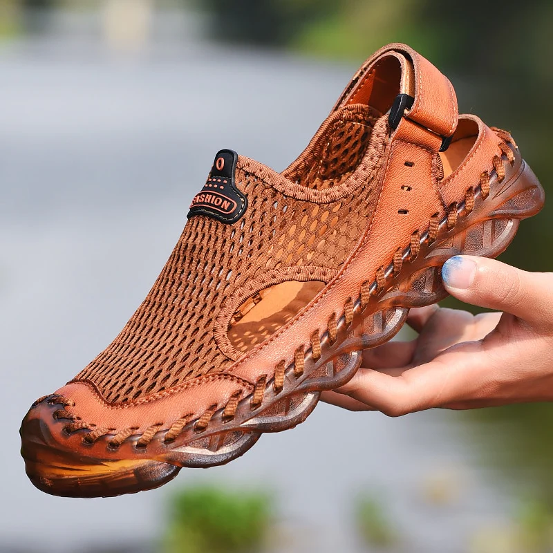 Summer Sandals Men Breathable Footwear Mesh With Hole Cow Leather Shoes Male Comfortable Soft Translucent Sole Men's Casual Shoe - Image 4