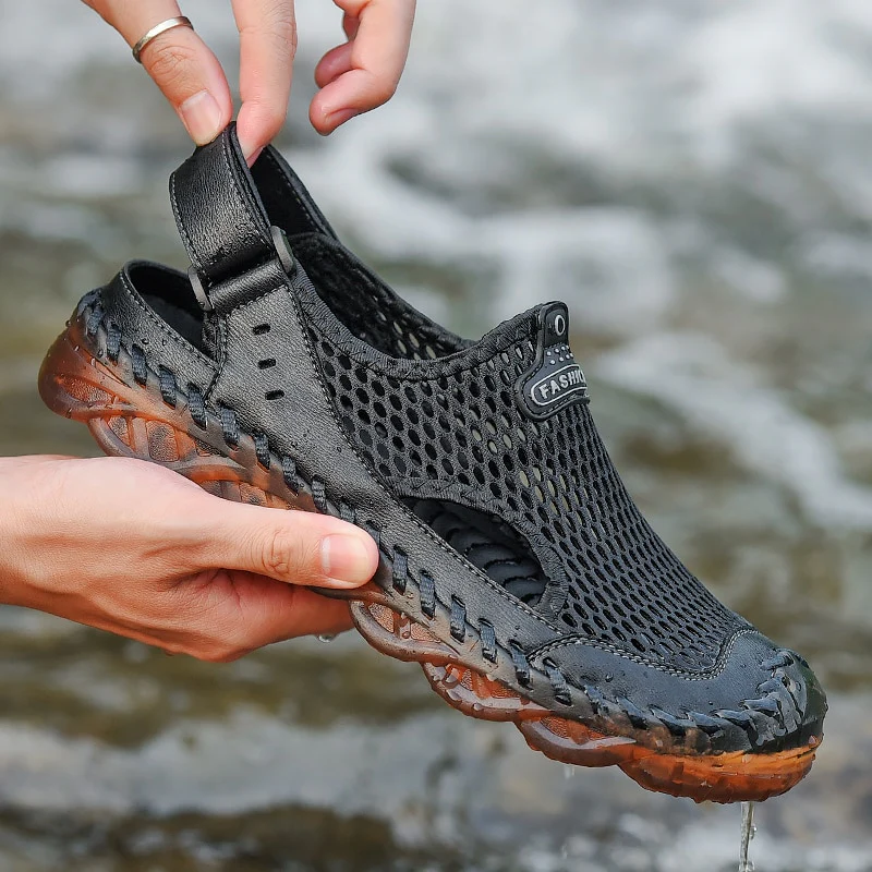 Summer Sandals Men Breathable Footwear Mesh With Hole Cow Leather Shoes Male Comfortable Soft Translucent Sole Men's Casual Shoe - Image 5