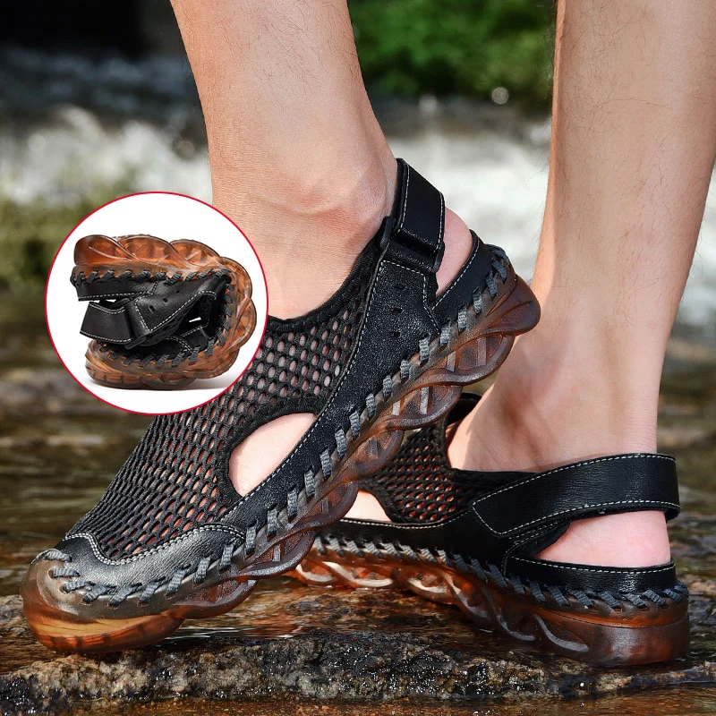 Summer Sandals Men Breathable Footwear Mesh With Hole Cow Leather Shoes Male Comfortable Soft Translucent Sole Men's Casual Shoe - Image 6