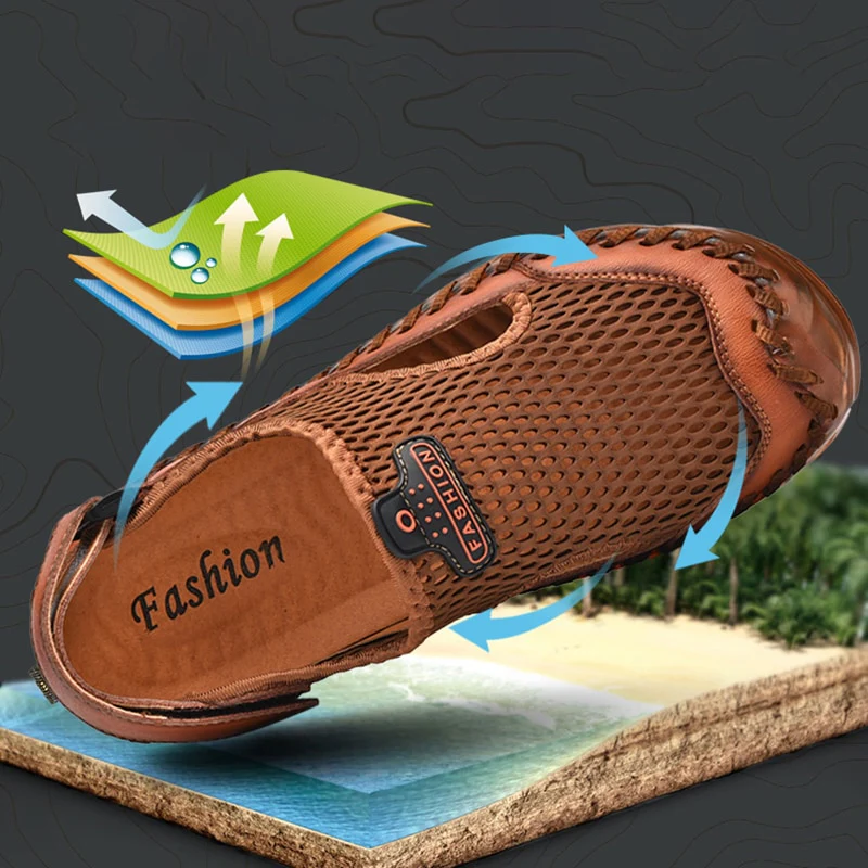 Summer Sandals Men Breathable Footwear Mesh With Hole Cow Leather Shoes Male Comfortable Soft Translucent Sole Men's Casual Shoe - Image 7