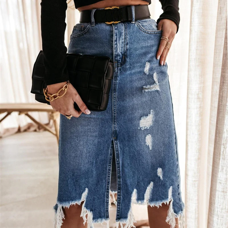 Summer Sexy Asymmetric Denim Skirt Women High Waist Slit Ripped Beggar Midi Skirts Casual Slim Worn Tassel Blue Jeans Skirt - Image 2